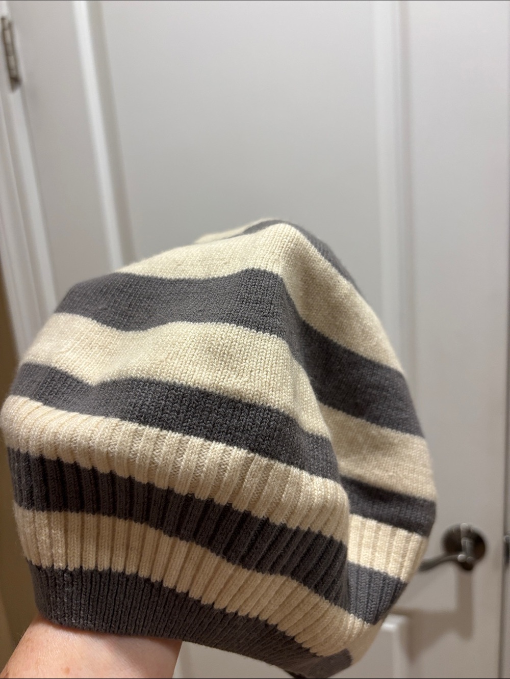Ted Baker Striped Wool Knit Beanie Hat Baret in Cream and Gray